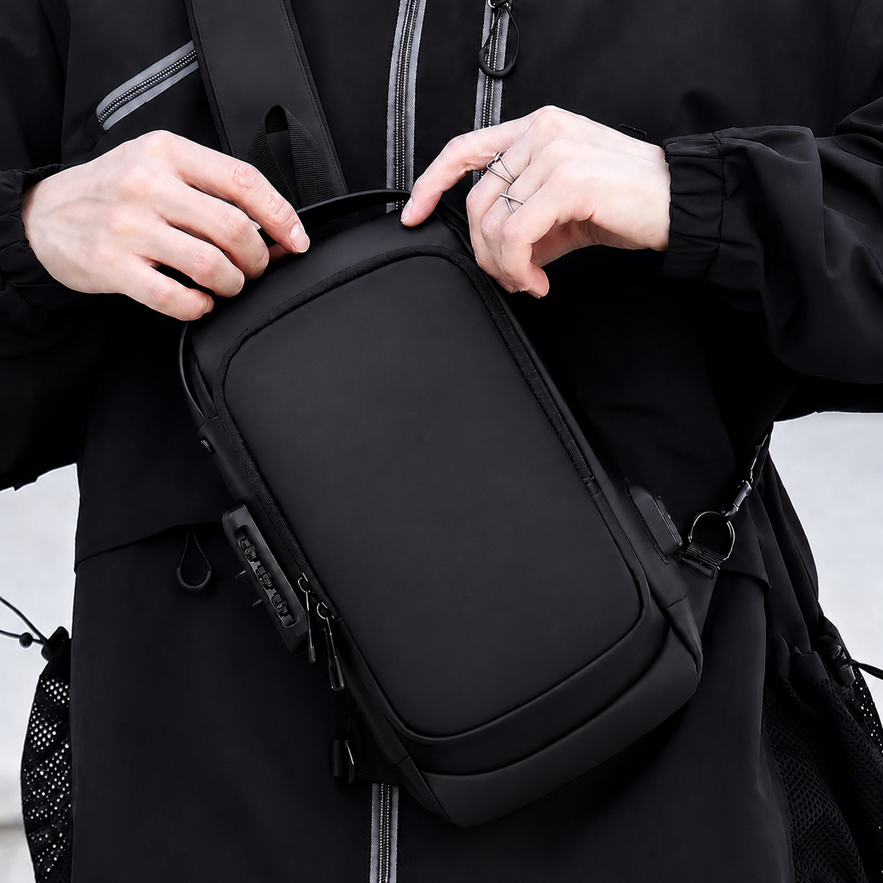 Man wearing an anti-theft crossbody chest bag