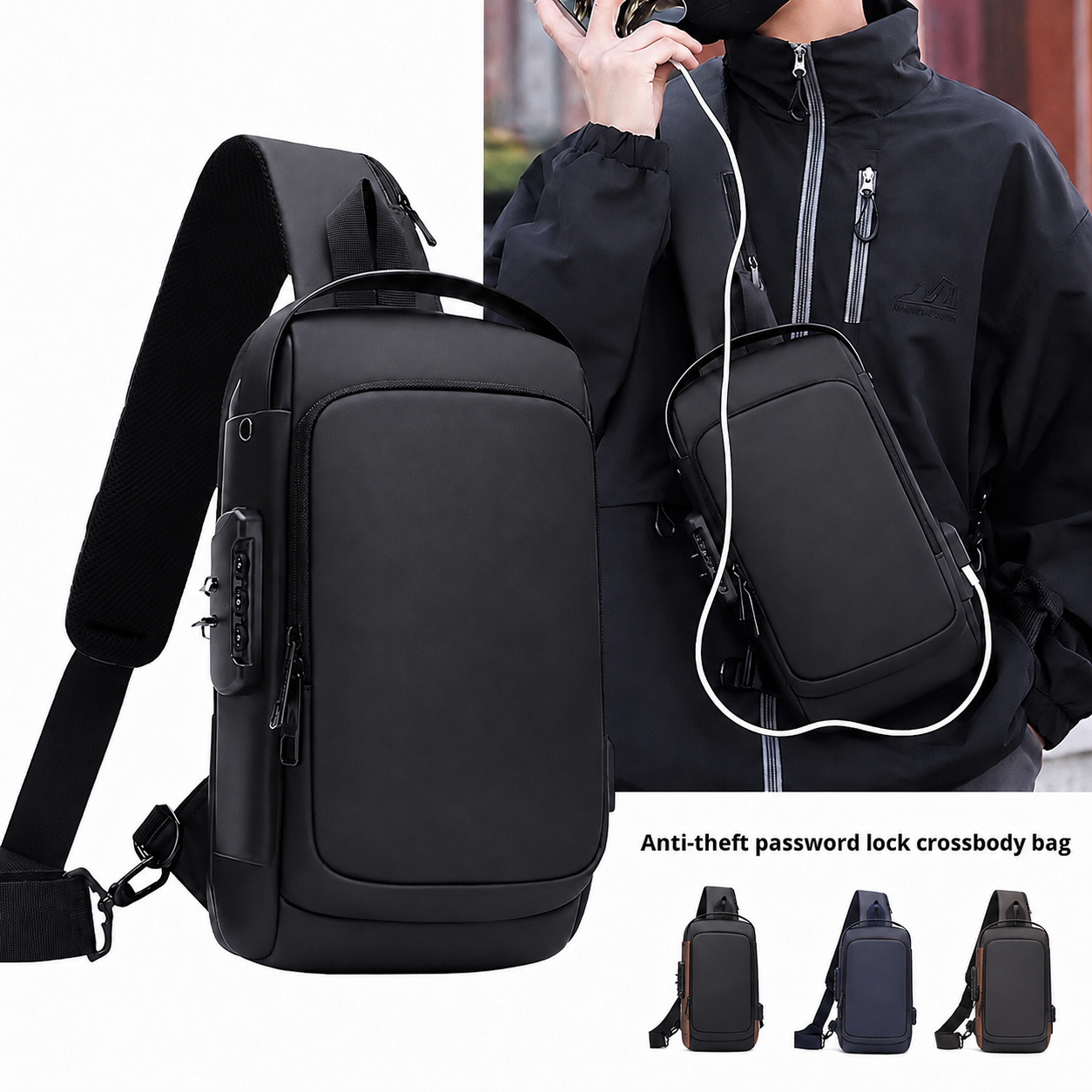 Anti-theft men's crossbody bag with password lock