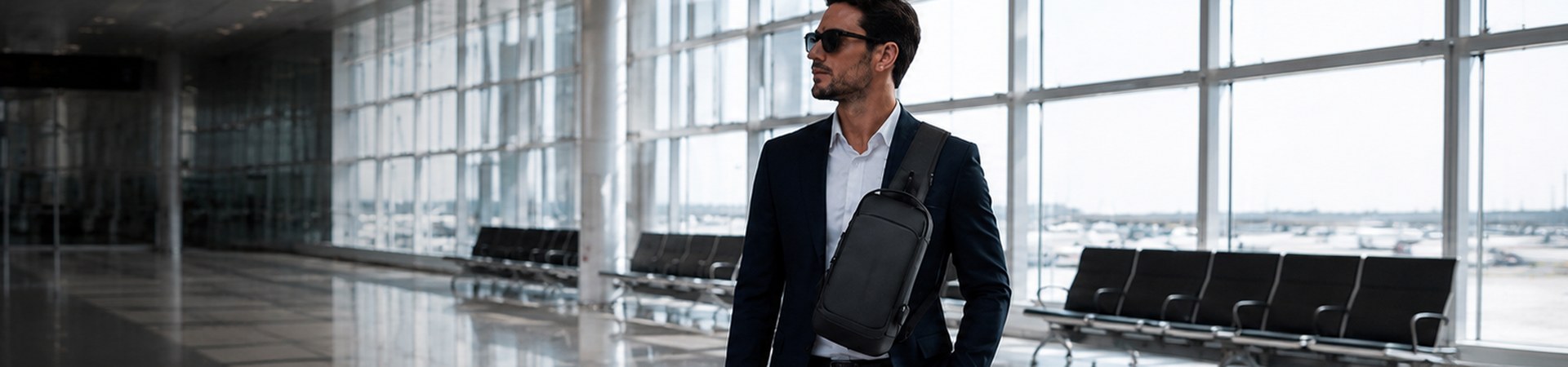 Professional man wearing a waterproof anti-theft shoulder bag at the airport